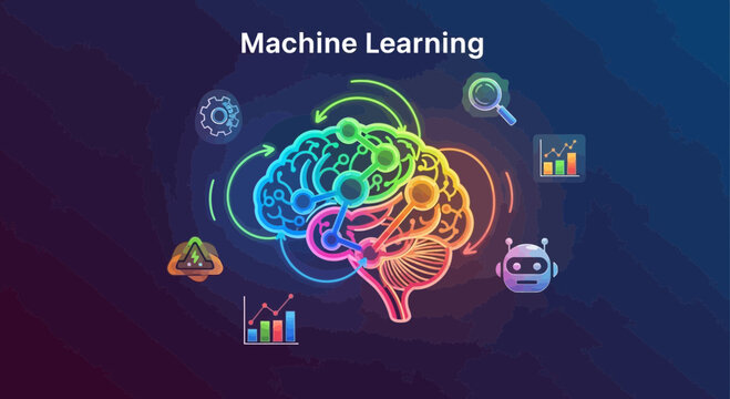 Conceptual machine learning illustration brain with data and technological elements