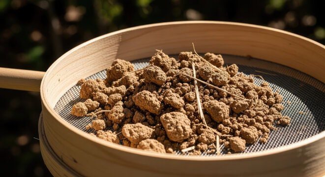 Close-up of brown clumpy soil being sifted in a traditional wooden sieve with a metal mesh screen outdoors under natural sunlight for gardening or agriculture.