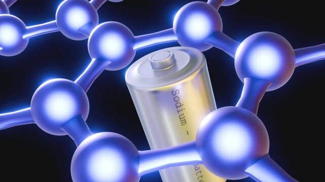 A 3d animation of cylindrical sodium-ion battery, the battery passing through the hexagonal graphene-like nanosheet frame to rise vertically.