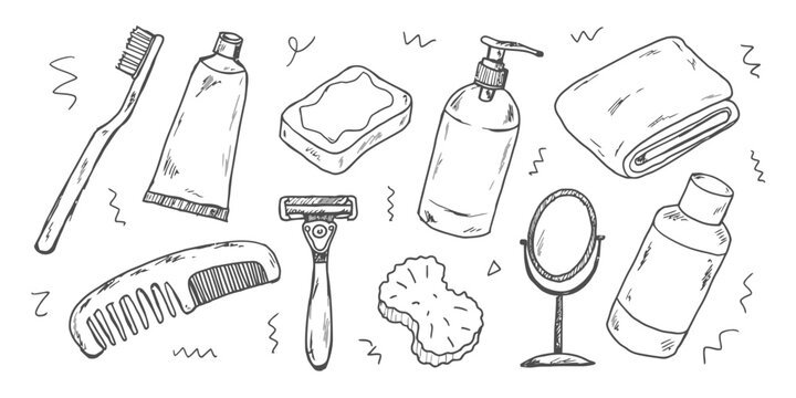 Hand drawn doodle sheet of 10 elements including a vintage telescope with a tripod and a crescent moon in a starry night sky.