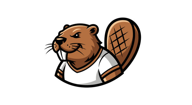 Beaver sports mascot wearing white jersey on white background