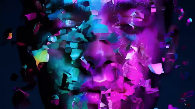 Futuristic Portrait of Man with Neon Glitch and Digital Distortion