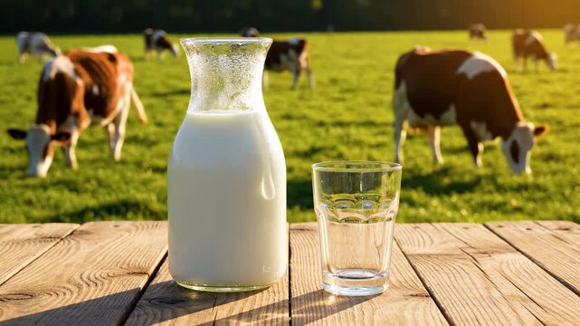 This features a glass bottle of milk and a tumbler placed on a wooden table in a picturesque countryside setting. In the background, cows graze peacefully in a lush green meadow during sunset