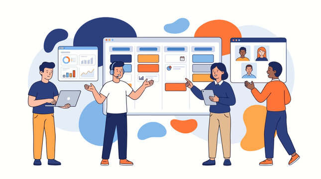 Professional Diverse Team Collaborating on Project Management and Agile Workflow Using Digital Task Boards and Data Dashboards