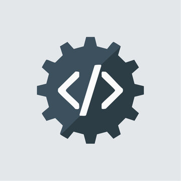 Dark blue gear icon with coding symbols