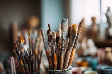 Fototapeta premium Many paintbrushes are shown in detail, with an artistic background and soft lighting