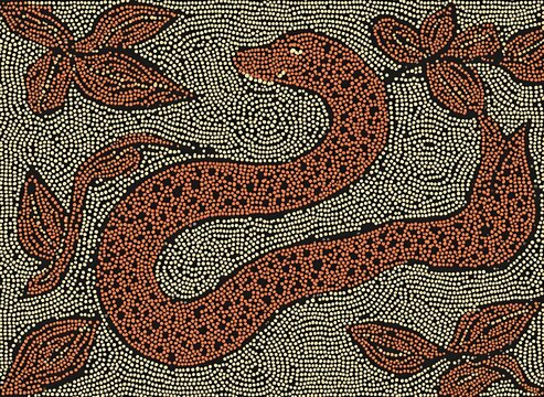 Snake in australian aboriginal style. Serpent and leaves in Australia indigenous aboriginal dots