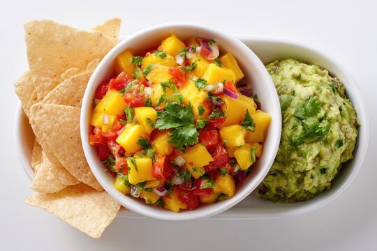 Mango salsa, guacamole, and tortilla chips in a white serving dish on white