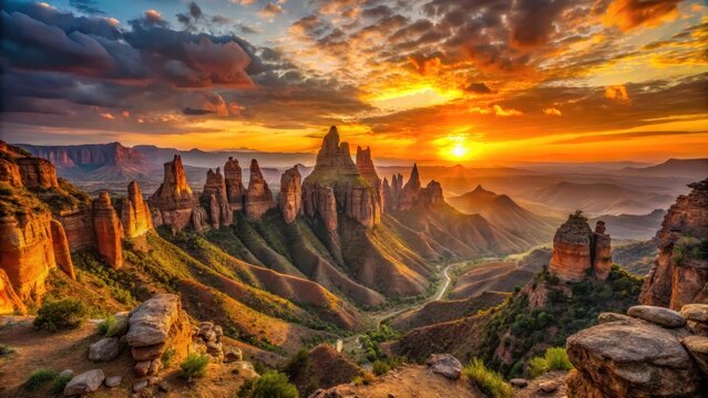 A photo of a vast expanse of jagged cliffs stretching towards the horizon in the Ethiopian Oromia region, with layers of red, orange, and brown earth