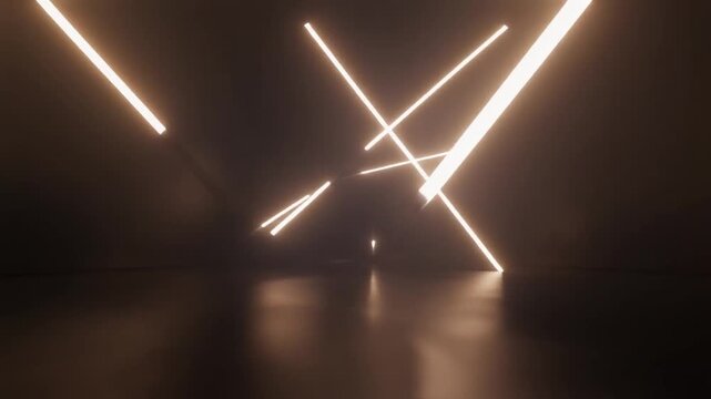 Glowing lines intersect in dark room with shiny floor