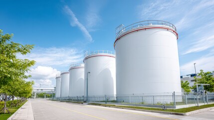 Obraz premium A Series of Large Industrial Storage Tanks Under a Bright Blue Sky Surrounded by Lush Greenery and Modern Infrastructure