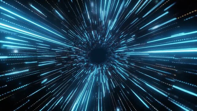 Vibrant blue light streaks radiate outward in space