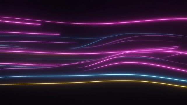 Vibrant pink blue and yellow neon light trails streak across dark background