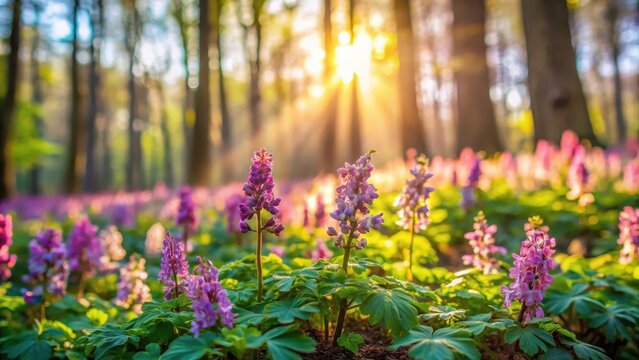 A photo of vibrant Corydalis cava flowers carpeting the forest floor under a canopy of lush trees on a sunny day