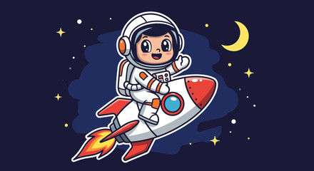 Fototapeta premium Astronaut in spacesuit rides rocket through starry night sky vector illustration