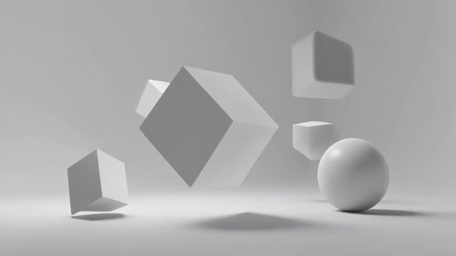 Geometric shapes float in air around sphere on surface