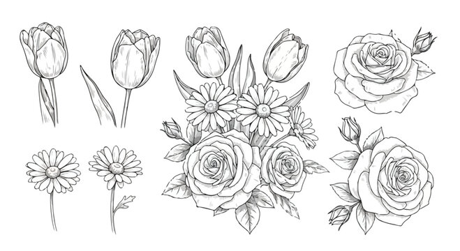 Vintage hand drawn floral sketches, botanical line art collection of roses tulips and daisies, black and white vector flower illustrations for wedding stationery