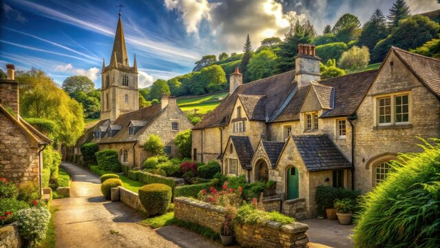 A photo of a stone house and church in a picturesque village of Castle Combe, surrounded by rolling hills and lush greenery The ancient stones weathe