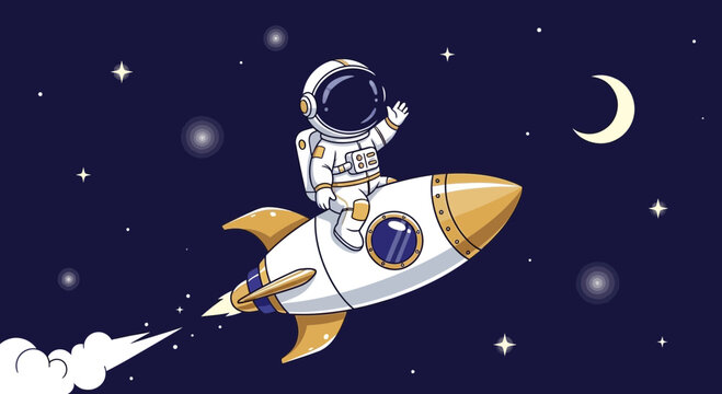 Astronaut in spacesuit riding rocket through night sky with stars and moon