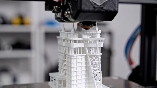 This shows a 3D printer in action, carefully crafting a miniature replica of the iconic Eiffel Tower. The printer's precise movements and the tower's intricate details are clearly visible as the