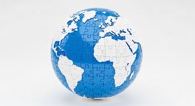 A detailed white and blue earth globe made from interconnected jigsaw puzzle pieces represents the complex global connection between countries and continents within our modern and rapidly changing int