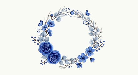 Obraz premium Elegant floral wreath of blue flowers and leaves illustration on white background