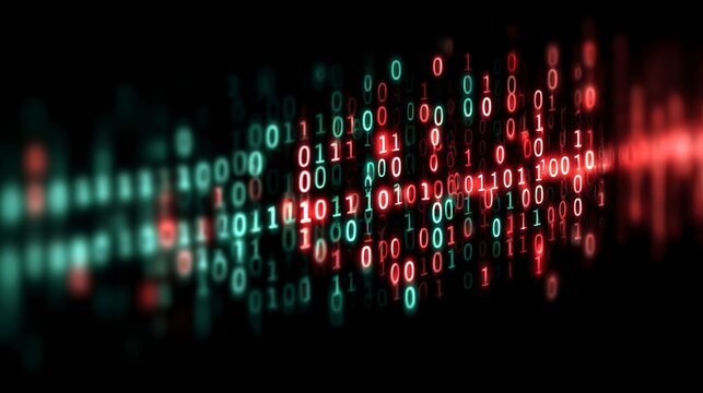 Digital Cascade: A captivating depiction of binary code streams, illuminated in vibrant hues of red and green, creating a sense of digital movement and technological abstraction.