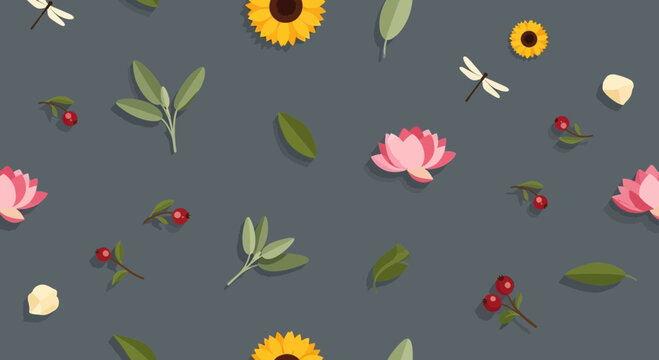 Floral and botanical pattern with sunflower lotus leaf dragonfly elements
