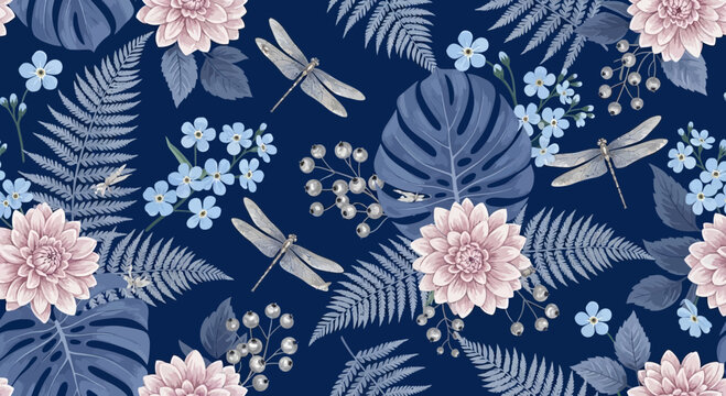 Floral and fauna seamless pattern with stylized flowers and dragonflies