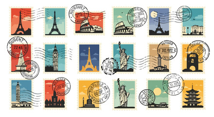 Vintage postage stamps collection with world landmarks, retro travel stickers with postmarks, 18 vector illustrations of famous monuments and sights © Muhammad