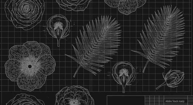 Floral blueprint design with detailed botanical illustrations on dark background