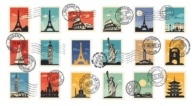 Vintage postage stamps collection with world landmarks, retro travel stickers with postmarks, 18 vector illustrations of famous monuments and sights