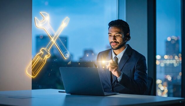 "Professional with headset working on laptop, glowing holographic wrench and screwdriver icon, modern office setting, symbolizing remote technical support, IT services, and technology assistance."