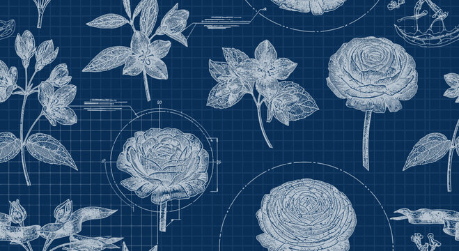 Floral blueprint illustration seamless pattern design with botanical elements