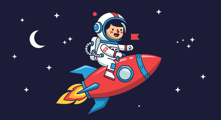 Fototapeta premium Astronaut rides rocket through night sky stars moon illustration