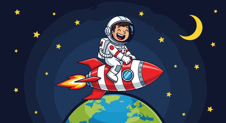 Naklejka premium Astronaut riding a rocket above earth in space cartoon illustration