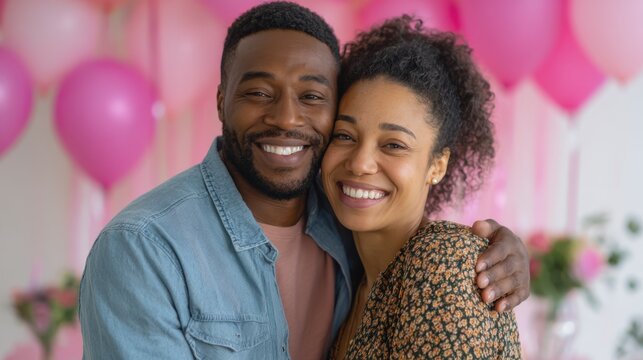Celebrating Love and Togetherness: A Joyful Couple Embracing Happiness Amidst a Festive Background of Pink Balloons and Decorations