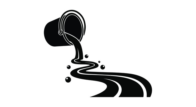 Black paint bucket spilling liquid vector icon, industrial oil spill silhouette, flowing chemical waste or ink puddle graphic on white background