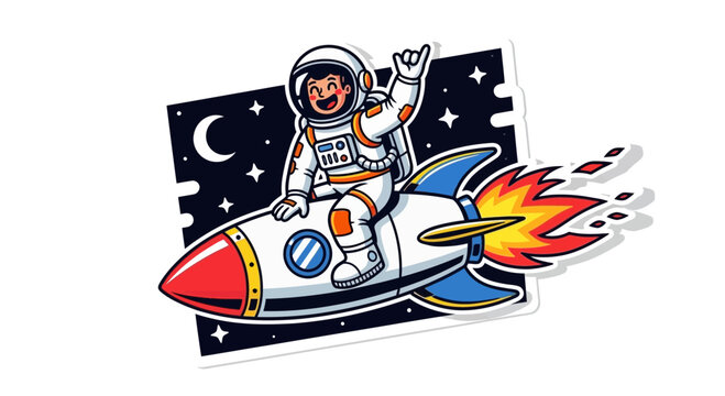 Astronaut rides rocket through space cartoon illustration isolated