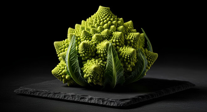 Fresh Romanesco Broccoli or Coliflor Verde on Slate Surface