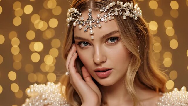 Woman with pearl and rhinestone headpiece against bokeh lights. Elegant bridal fashion and beauty concept.