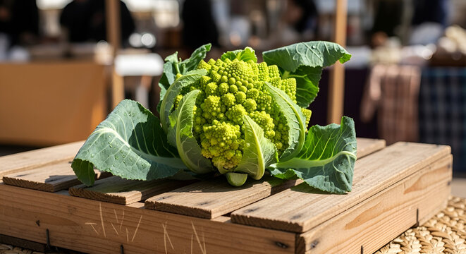 Fresh Coliflor Verde Romanesco Broccoli on Rustic Wooden Crate