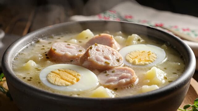 Hearty Polish Zurek Soup with Sausage and Eggs.
