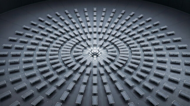 Radial arrangement of camping cots forming futuristic geometric pattern
