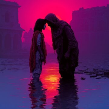 Colorful illustration depicting a father sharing a quiet, whispered secret, whispering a quiet word of hope into the morning fog, within the deep shadows and cold stone textures of a monastery