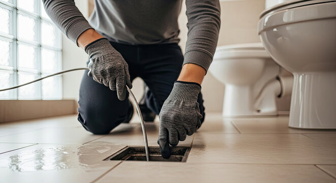 Professional plumber in grey work gloves kneeling on a bathroom floor using a drain snake to clear a clogged square floor drain performing essential plumbing maintenance service.