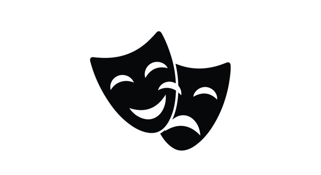 Theater comedy and tragedy masks vector icon, black and white drama masks symbol, theatrical performance and acting arts sign on white background