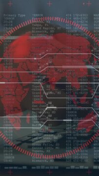 Vertical video: Man typing on laptop and showing red globe over keys, logs scrolling tracking tech