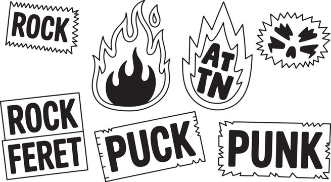 Punk rock music badges and fire flame stickers set with grunge typography bold lettering and edgy skull graphic icons Vector Illustration.