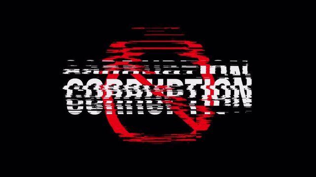 Stop Corruption Warning Sign with Glitch Effect. Anti-Corruption Motion Graphic on Alpha Channel.